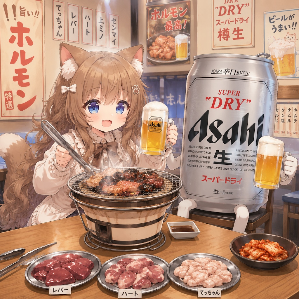 ホルモン焼き屋でビールを飲みながらホルモンを焼く小さな女の子