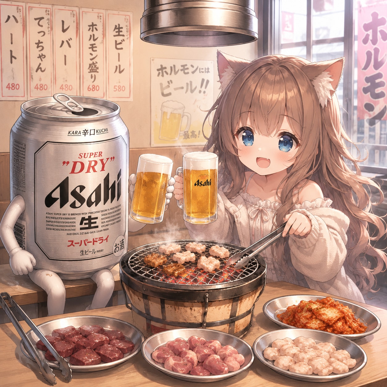 ホルモン焼き屋でビールを飲みながらホルモンを焼く小さな女の子