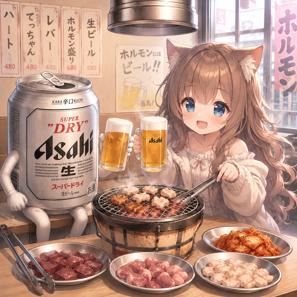 ホルモン焼き屋でビールを飲みながらホルモンを焼く小さな女の子