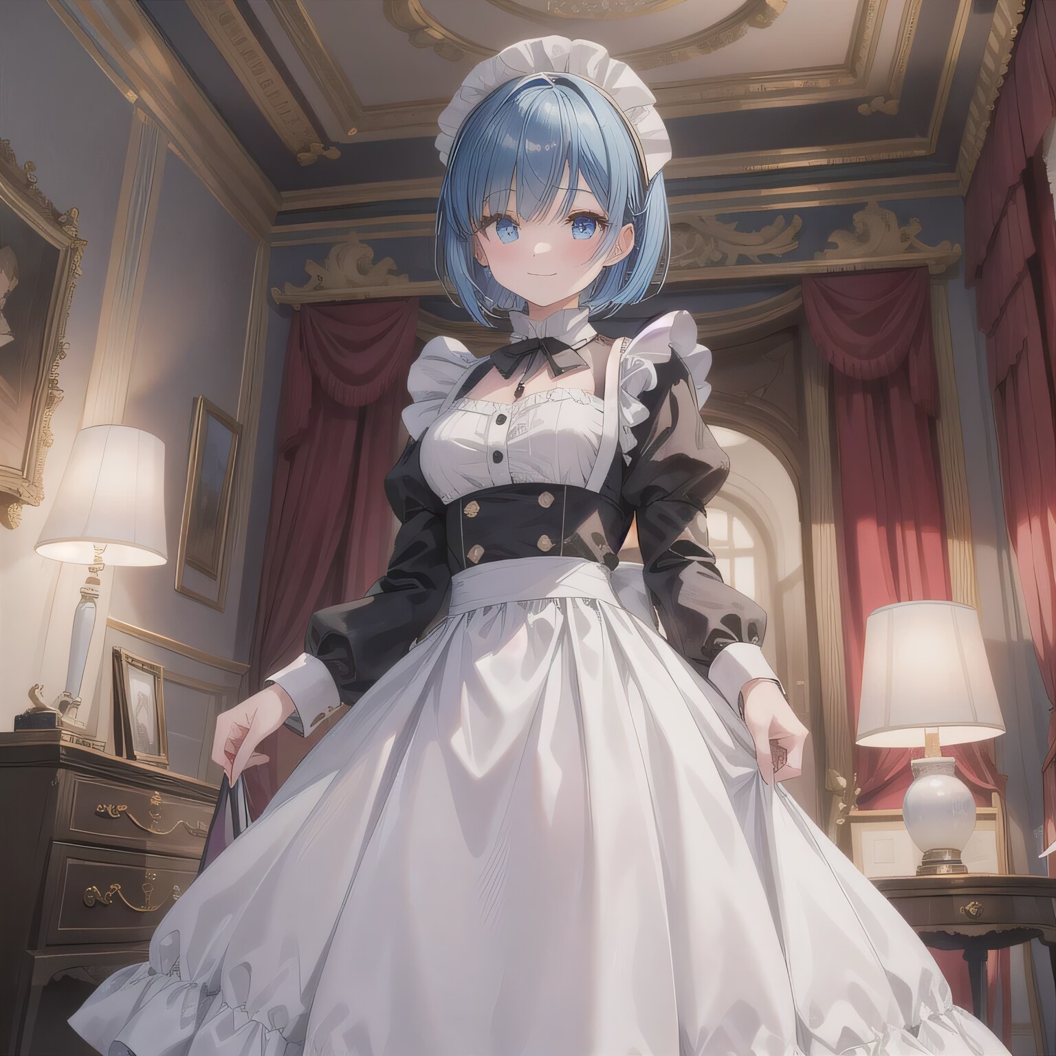 青髪ボブでメイド服の少女８ | の人気AIイラスト・グラビア