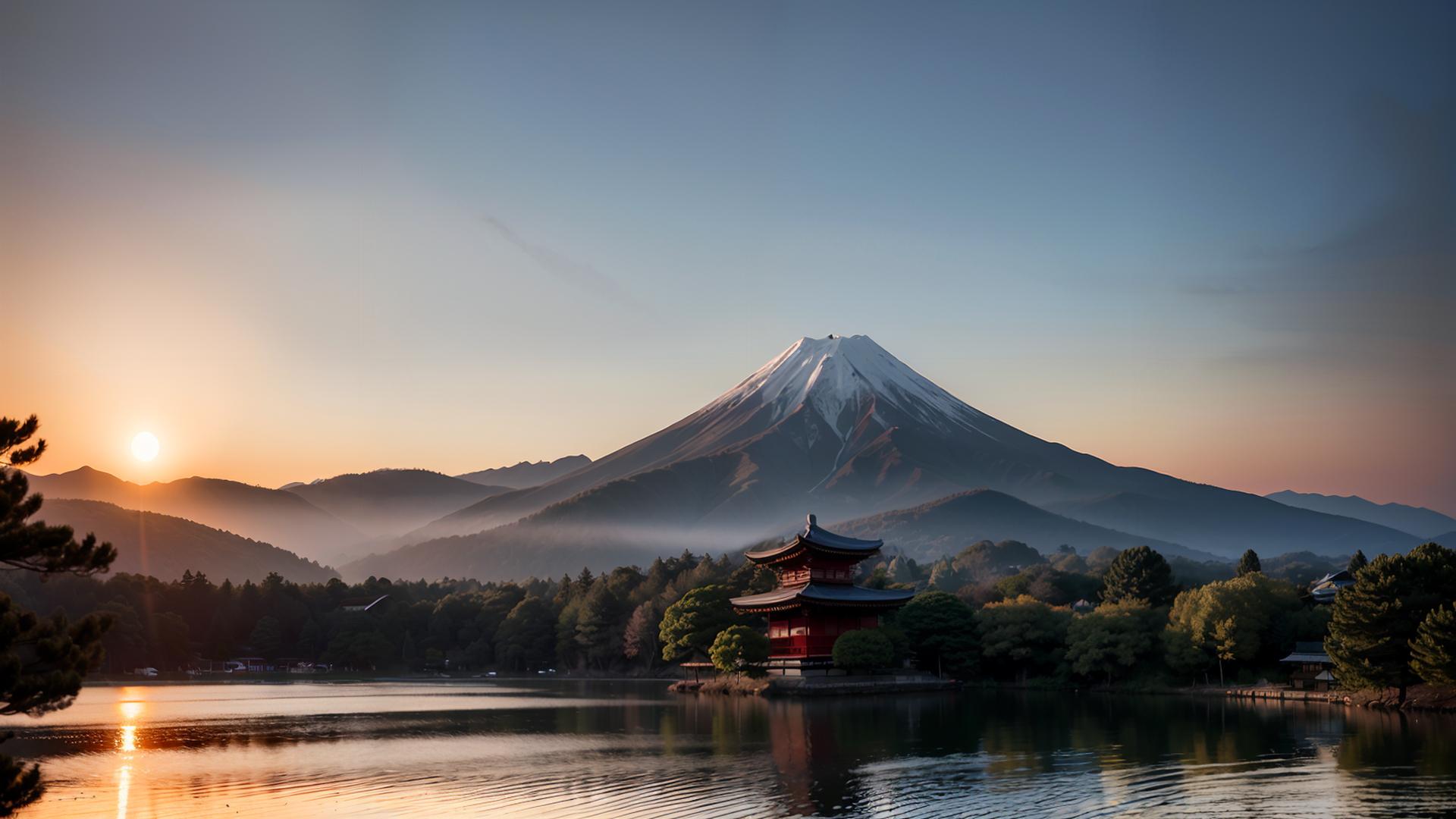 富士山と湖と家