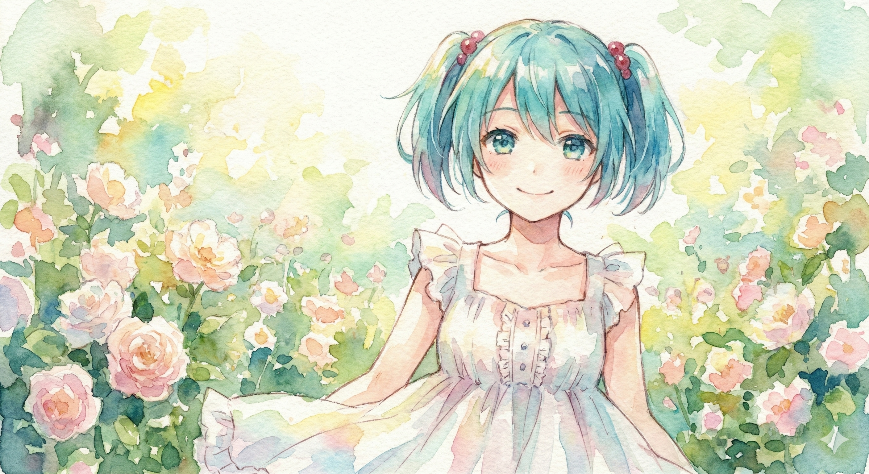 水彩画ミクさん　春の光をまとって、軽やかに | の人気AIイラスト・グラビア