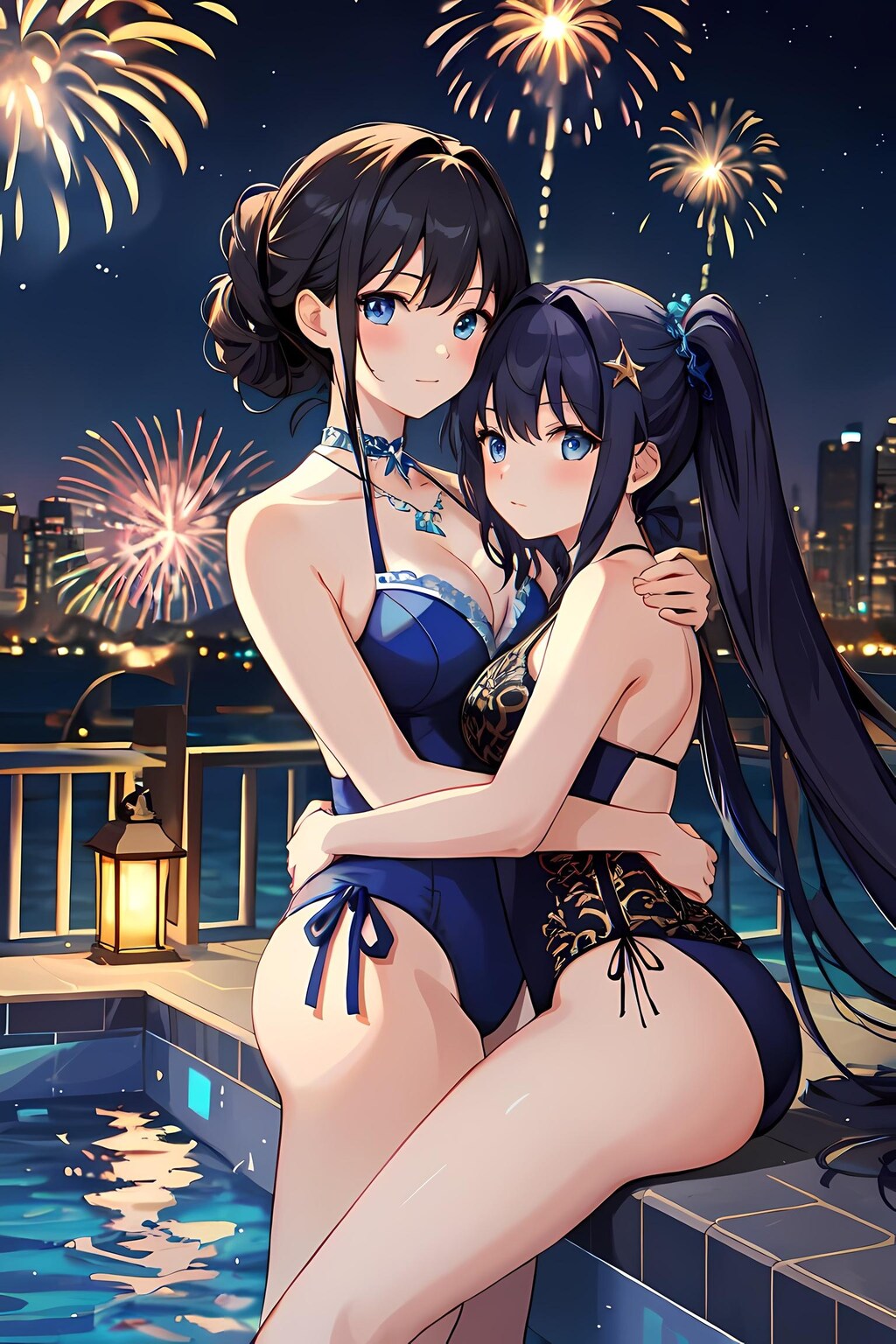 夜のプール、二人で