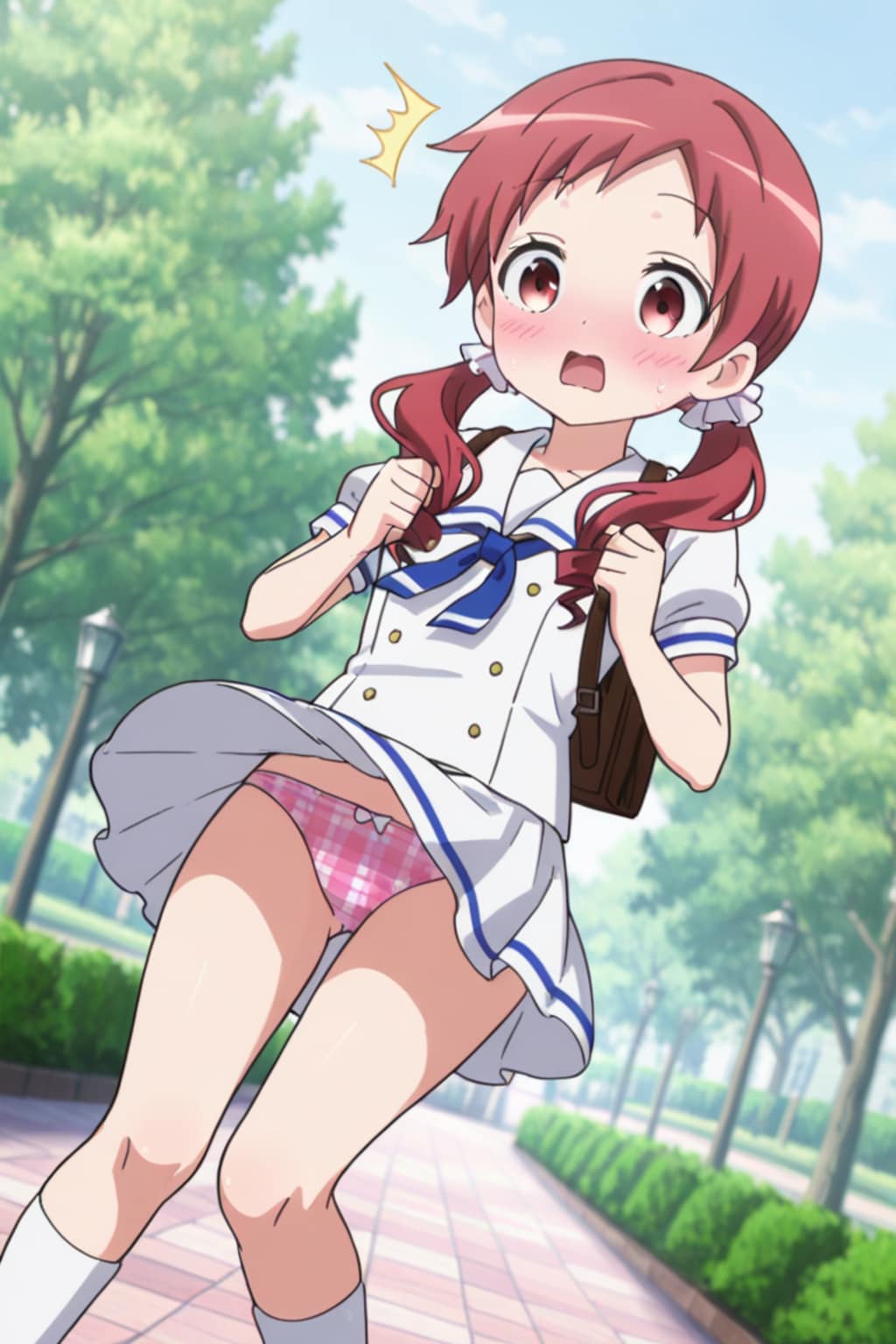 奈津恵がスカートを風によってまくられて、咄嗟に押さえて羞恥する。