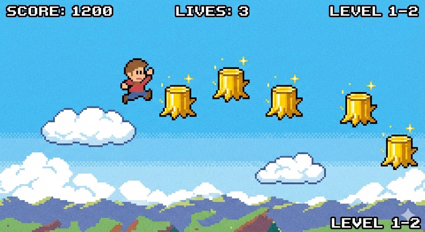 浮かぶ切り株を集めながら冒険するゲーム風の絵 | の人気AIイラスト・グラビア