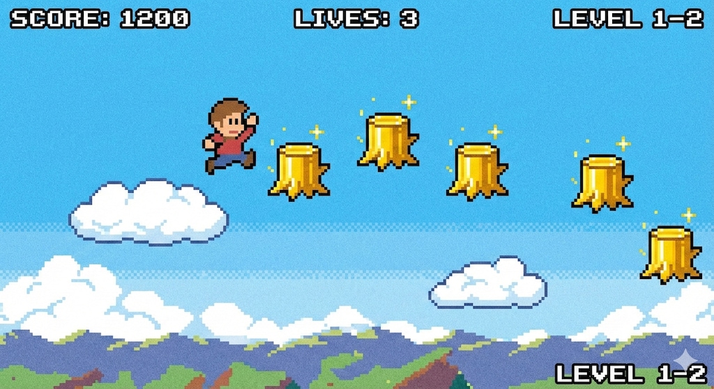 浮かぶ切り株を集めながら冒険するゲーム風の絵