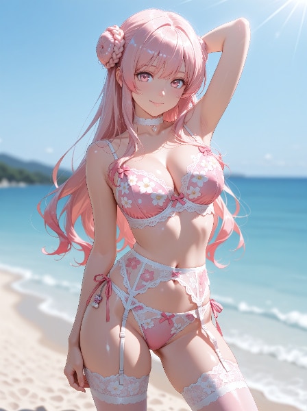 【プロンプト付き】ランジェリー：ホワイト×ピンク・サクラフローラル（ガーター付き）