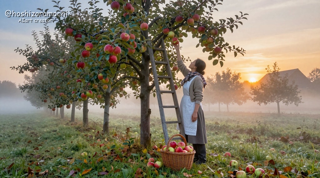 朝霧に包まれた果樹園での林檎摘み