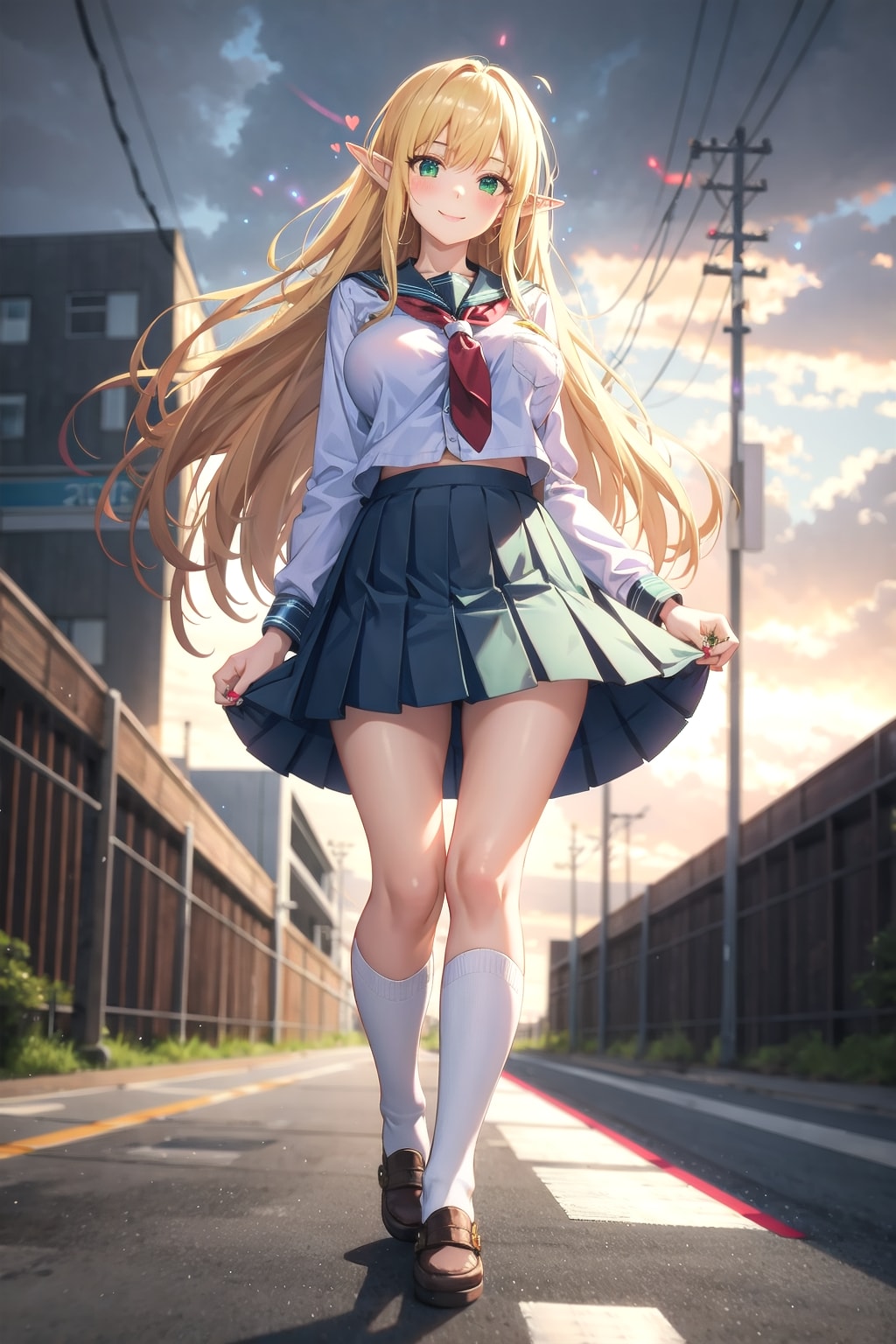 スカートの端を持って