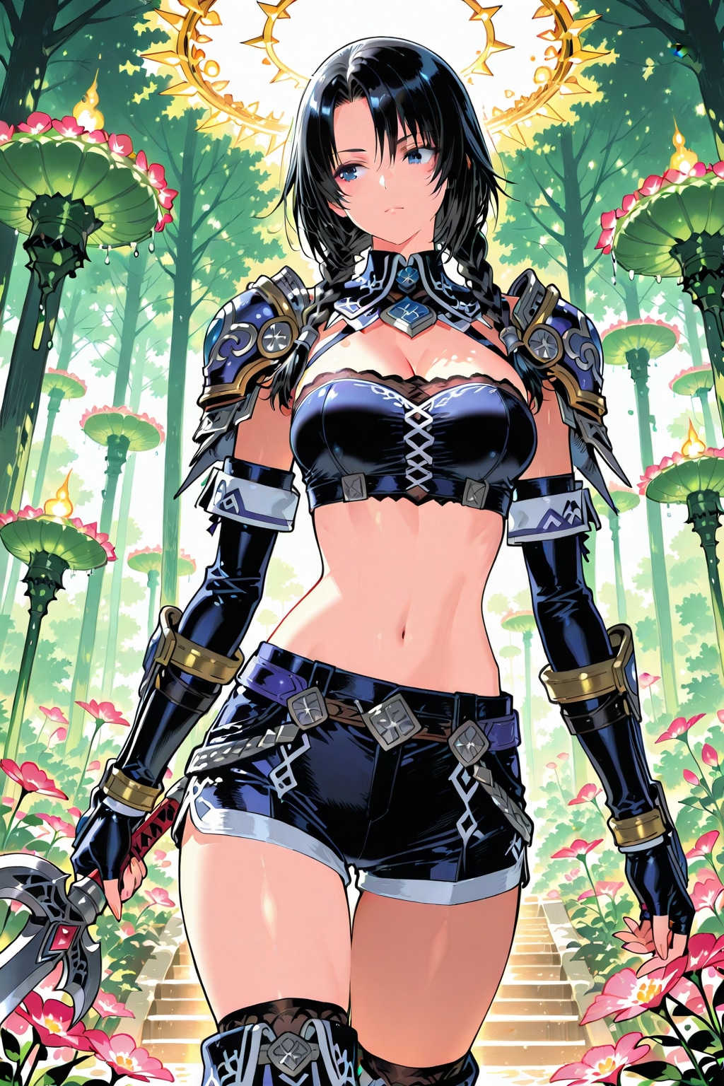 遺跡の庭園を探索している冒険者の女の子