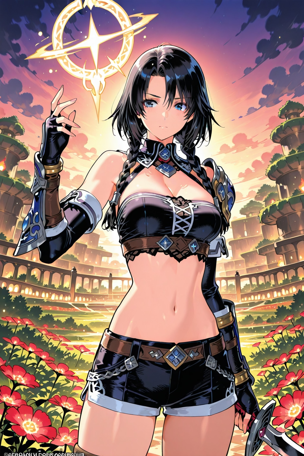 遺跡の庭園を探索している冒険者の女の子