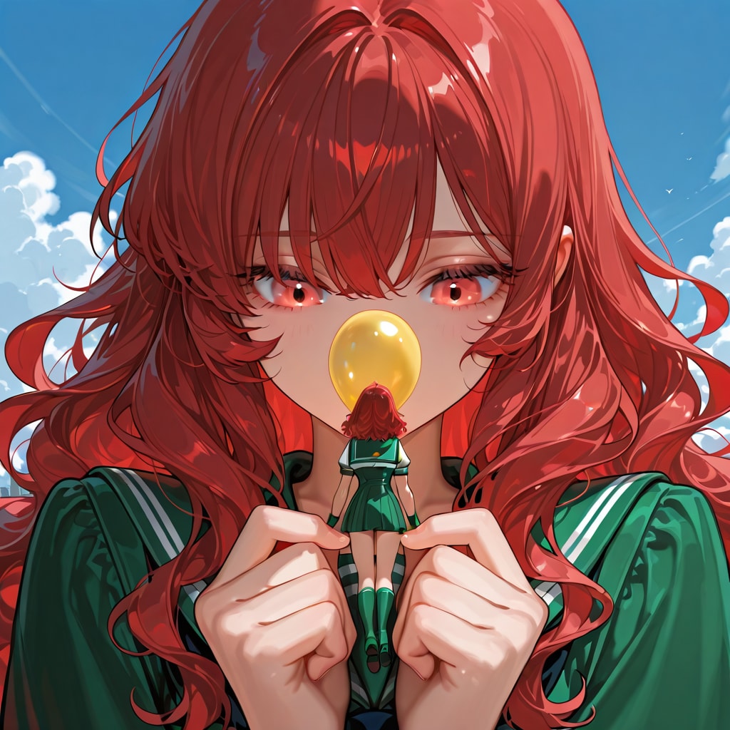 風船持つフィギュア持つ赤い髪ロングウェーブヘアの緑色セーラー服着た美少女 | の人気AIイラスト・グラビア