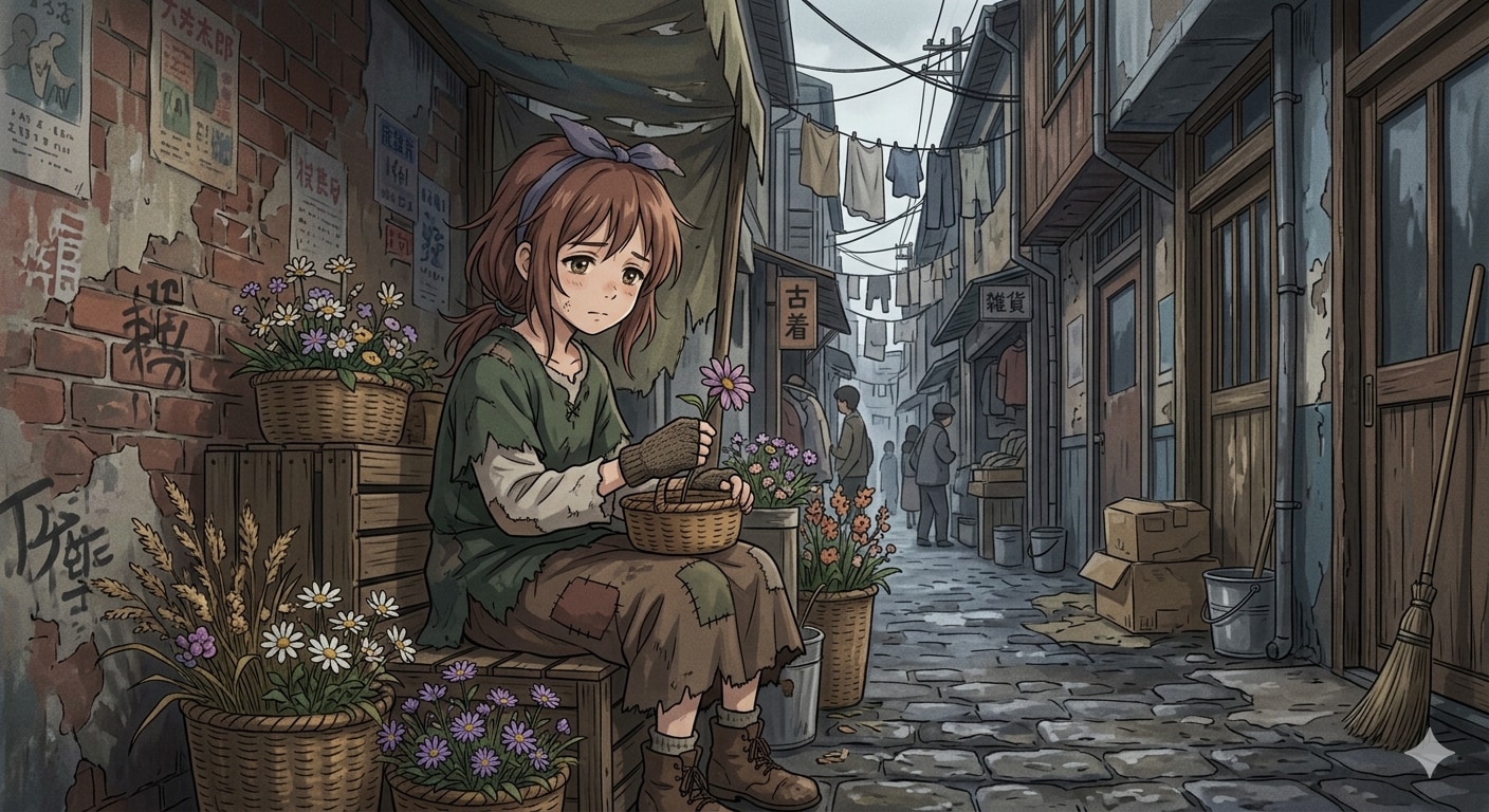 路地裏で花を売る少女