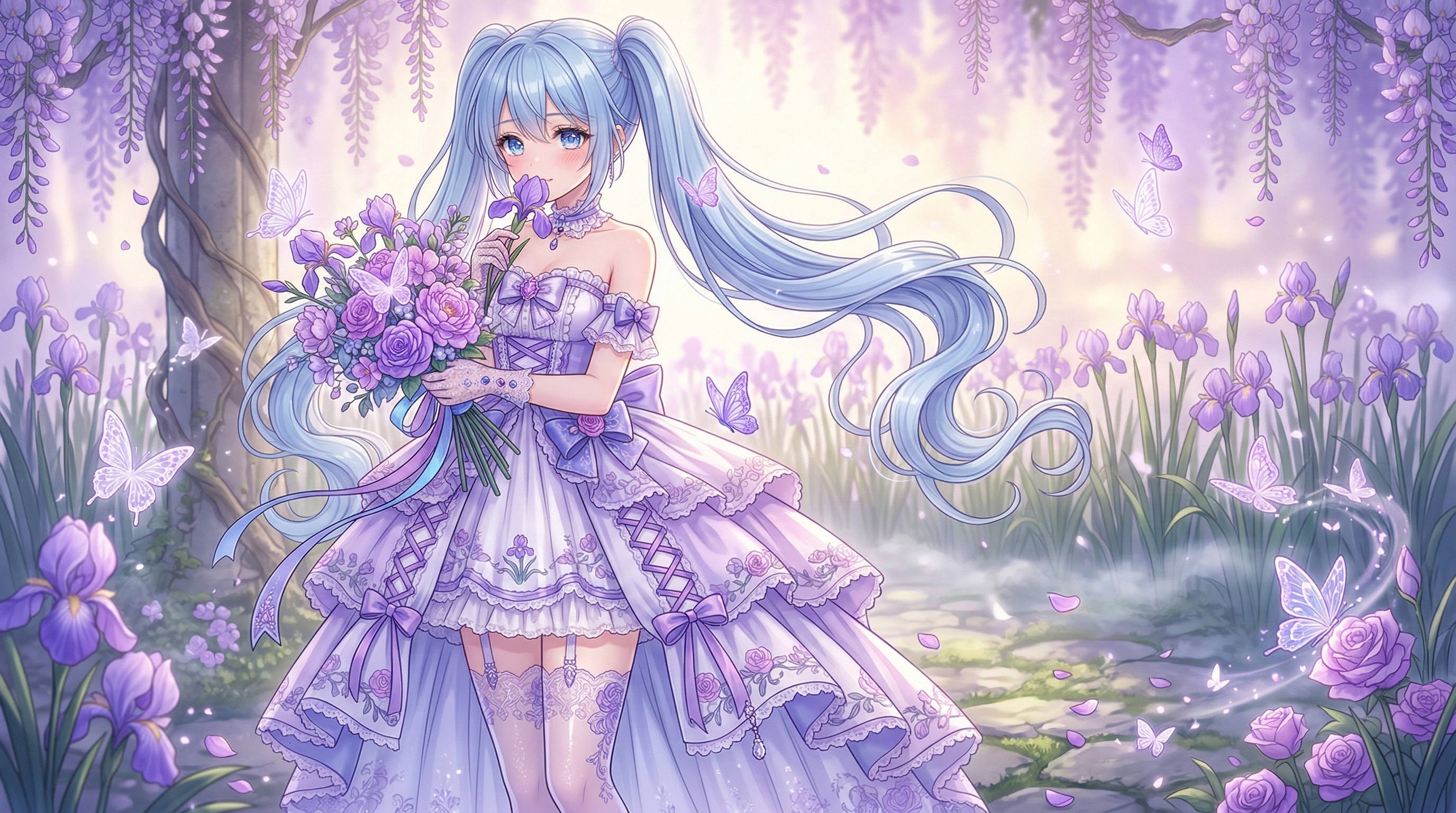 紫菖蒲の庭で囁く青髪の幻想姫 | の人気AIイラスト・グラビア