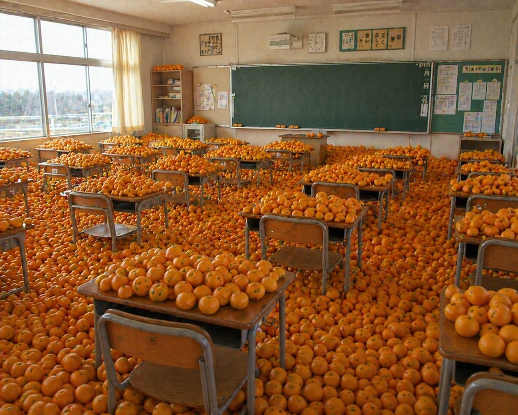 学校の教室にたくさんのみかん