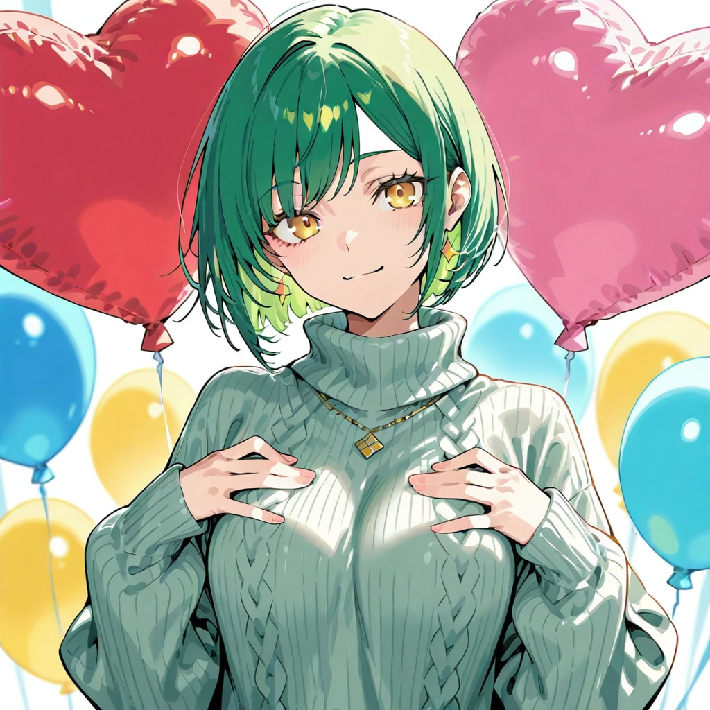 色とりどりのハート風船を持つ緑髪ショートカットの毛糸のセーター着た美女 | の人気AIイラスト・グラビア