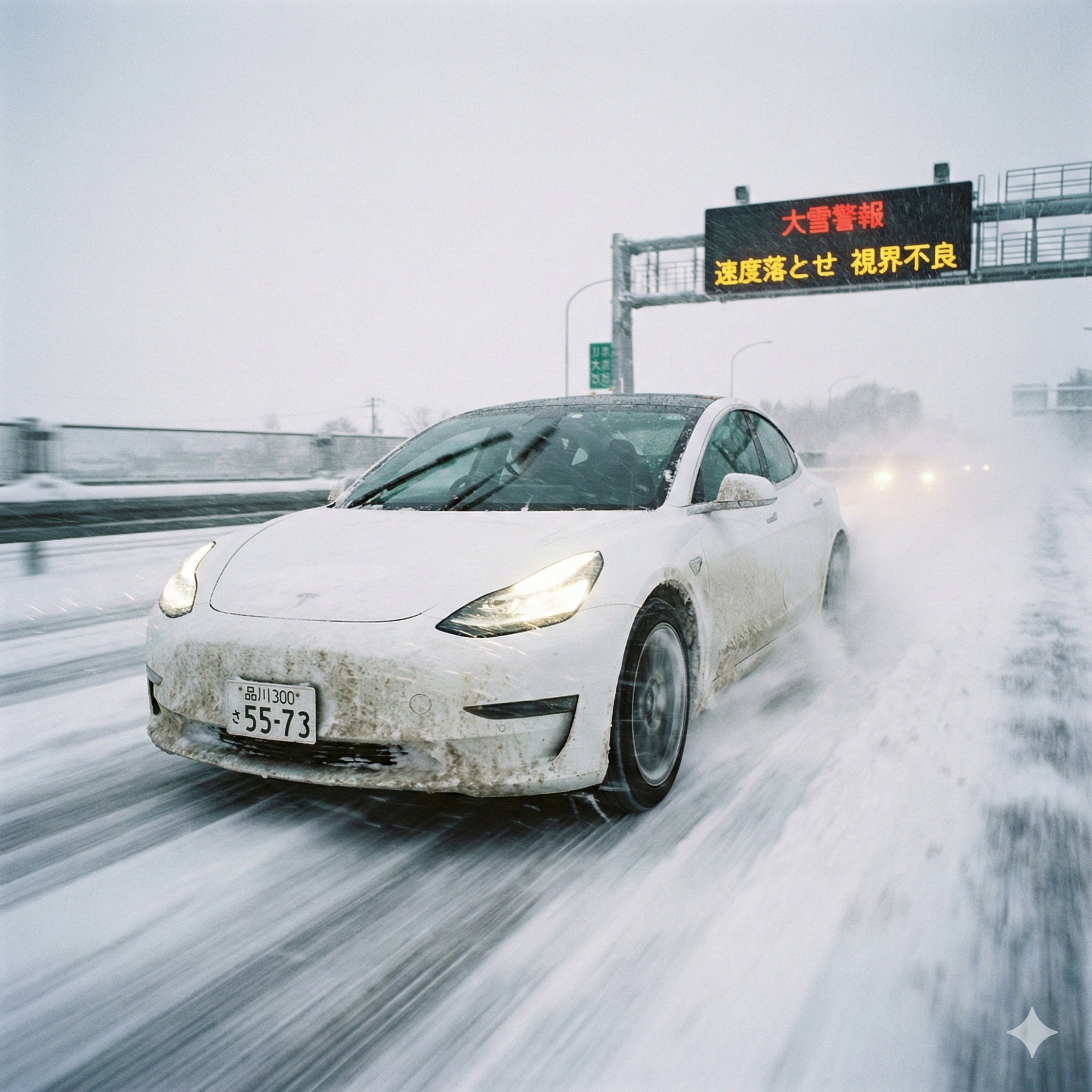 雪のハイウェイを疾走するテスラモデル３ | の人気AIイラスト・グラビア