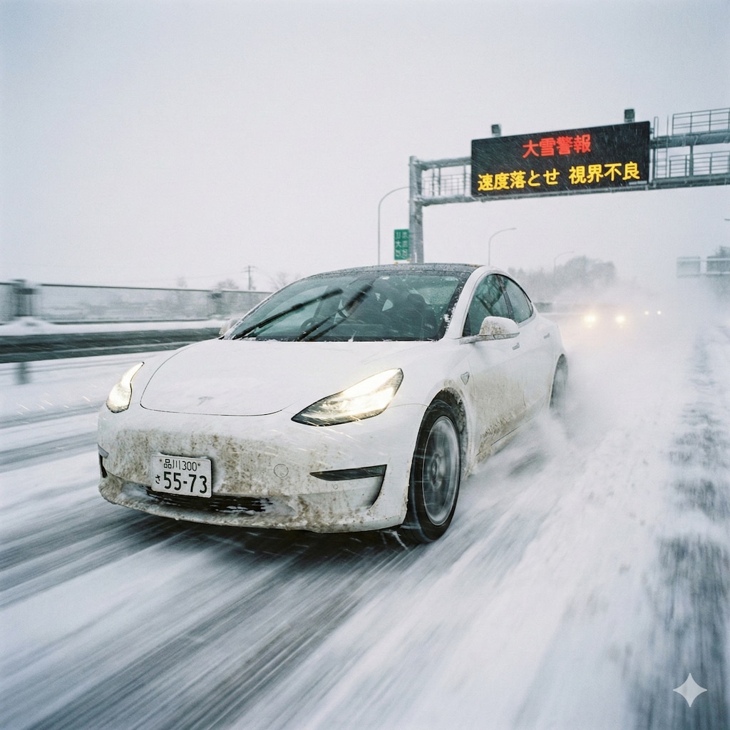 雪のハイウェイを疾走するテスラモデル３