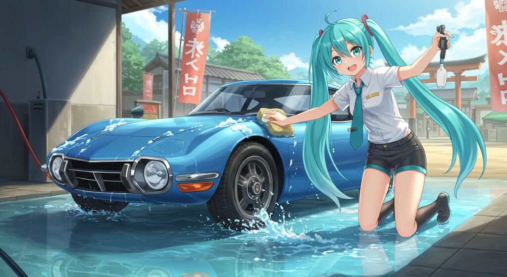 ミク➡　今自動車洗車中
