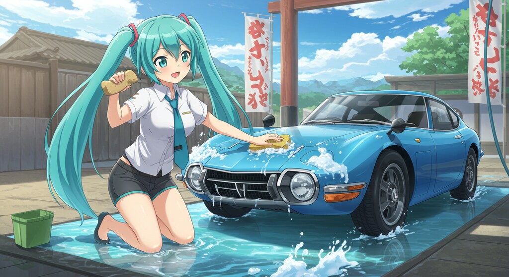 ミク➡　今自動車洗車中