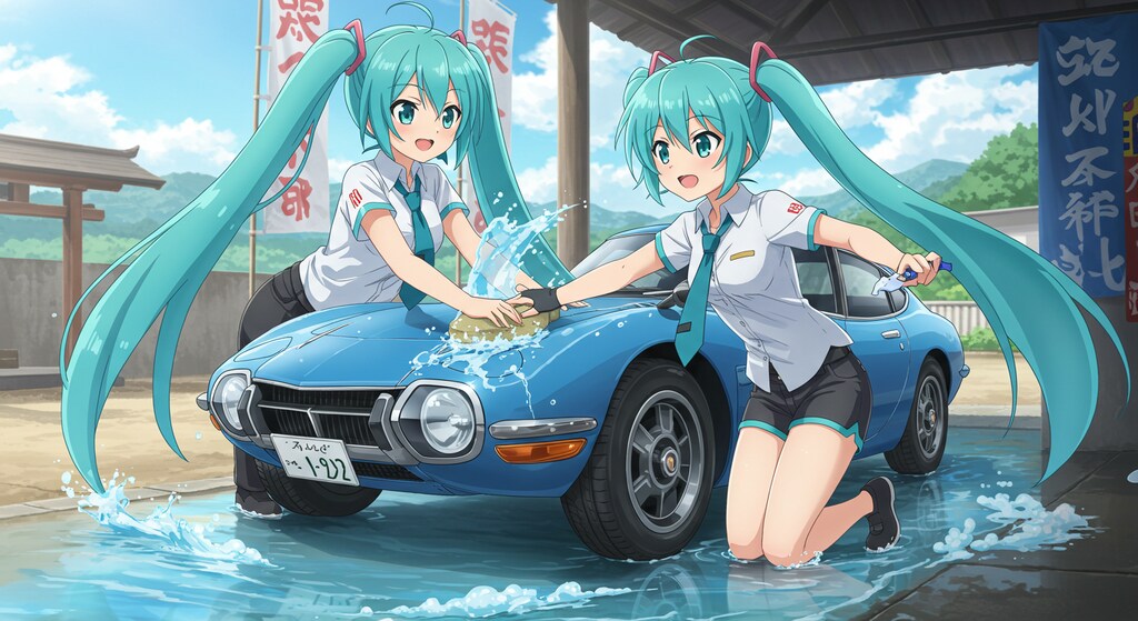 ミク➡　今自動車洗車中