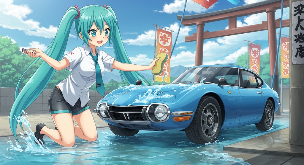 ミク➡　今自動車洗車中