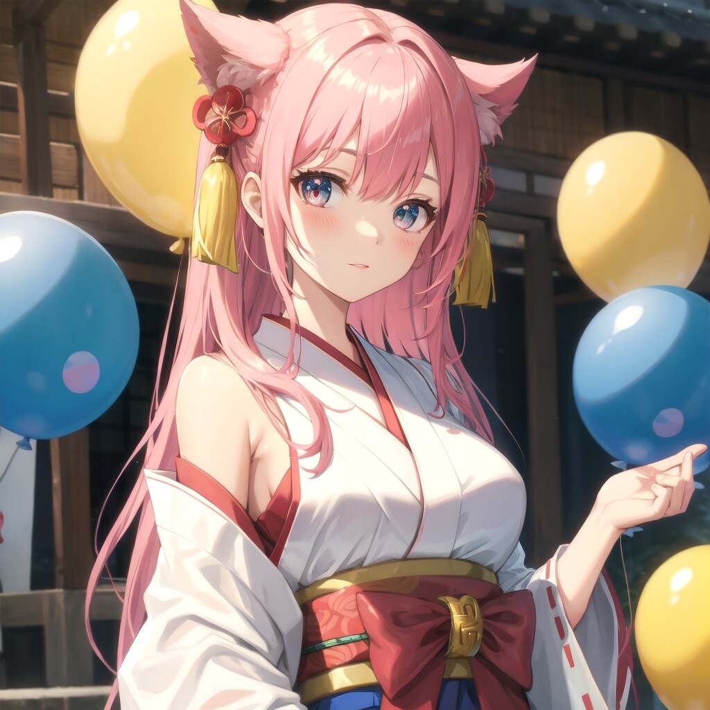 いっぱい風船を持つピンク髪ロングのケモミミの美女。 | の人気AIイラスト・グラビア
