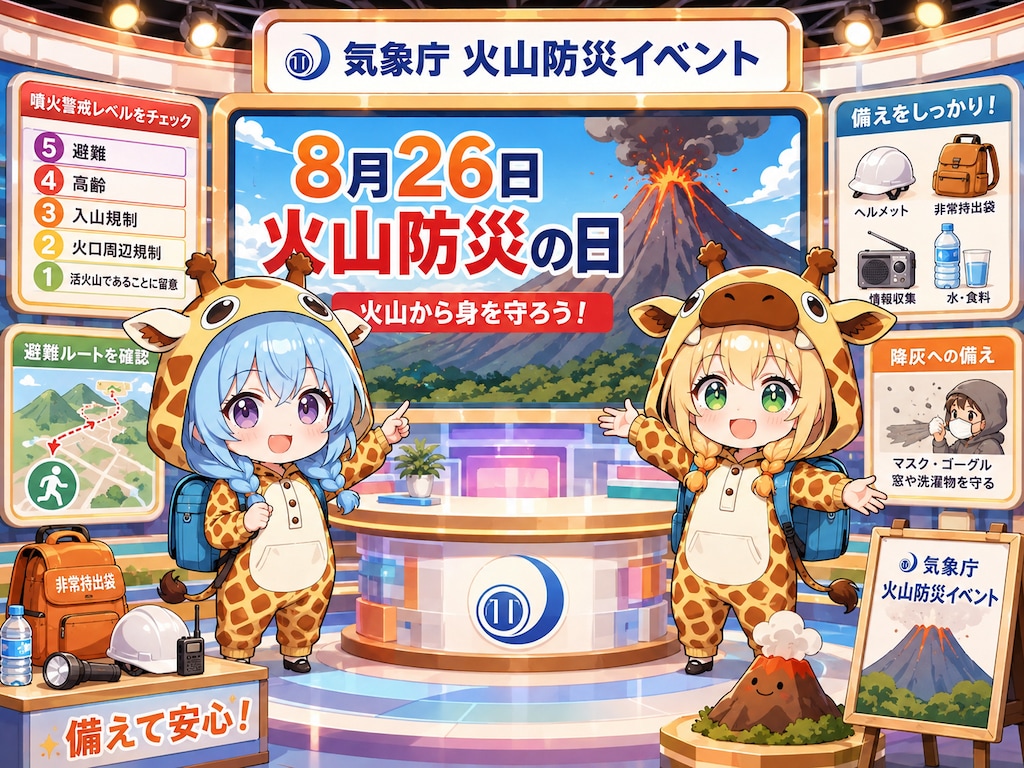 火山の噴火とキリン着ぐるみちび子ちゃん