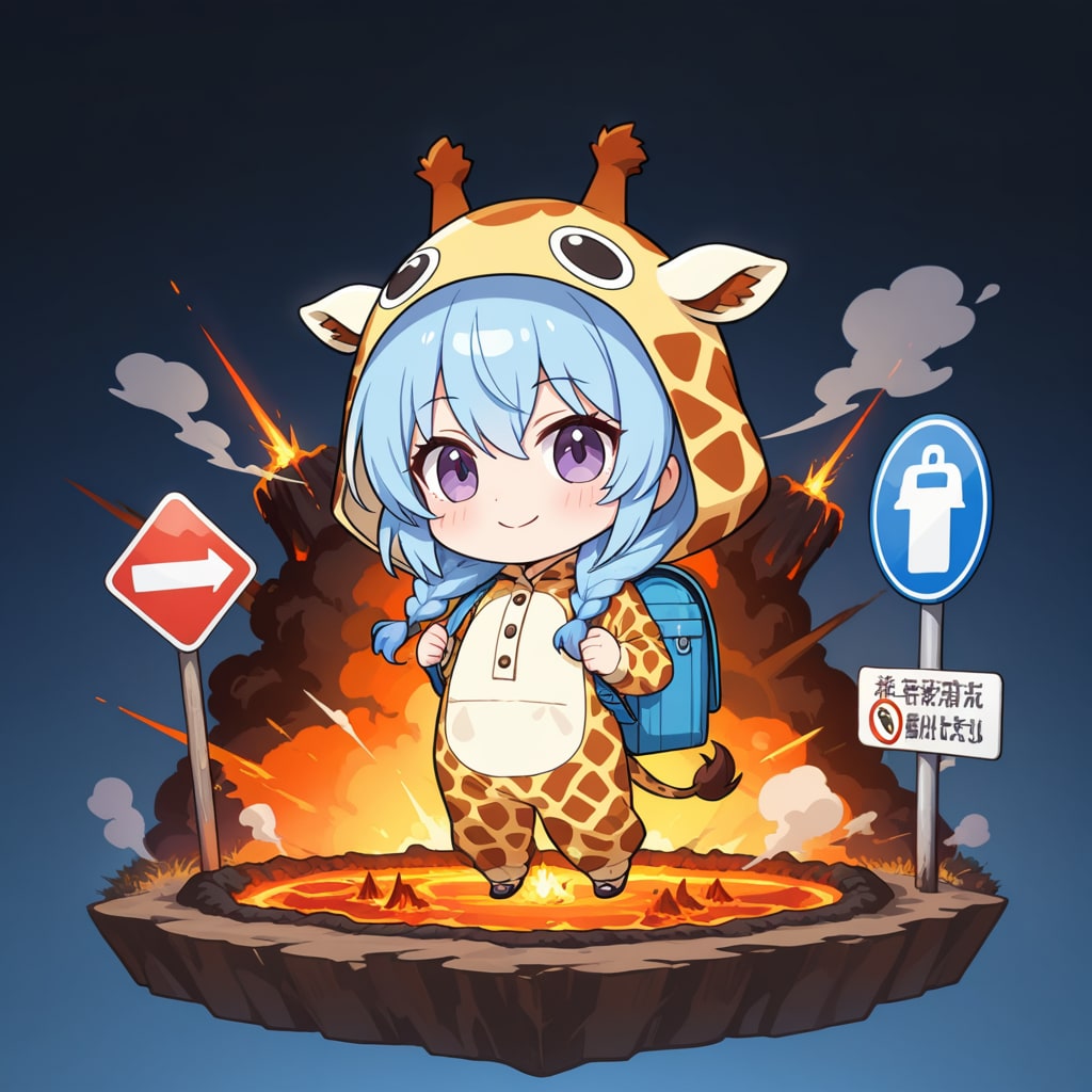 火山の噴火とキリン着ぐるみちび子ちゃん