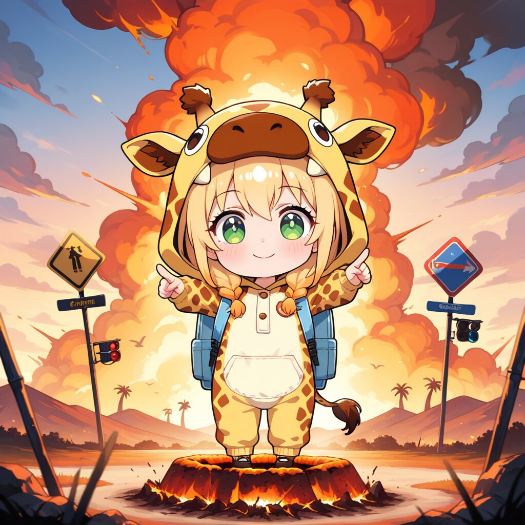 火山の噴火とキリン着ぐるみちび子ちゃん | の人気AIイラスト・グラビア