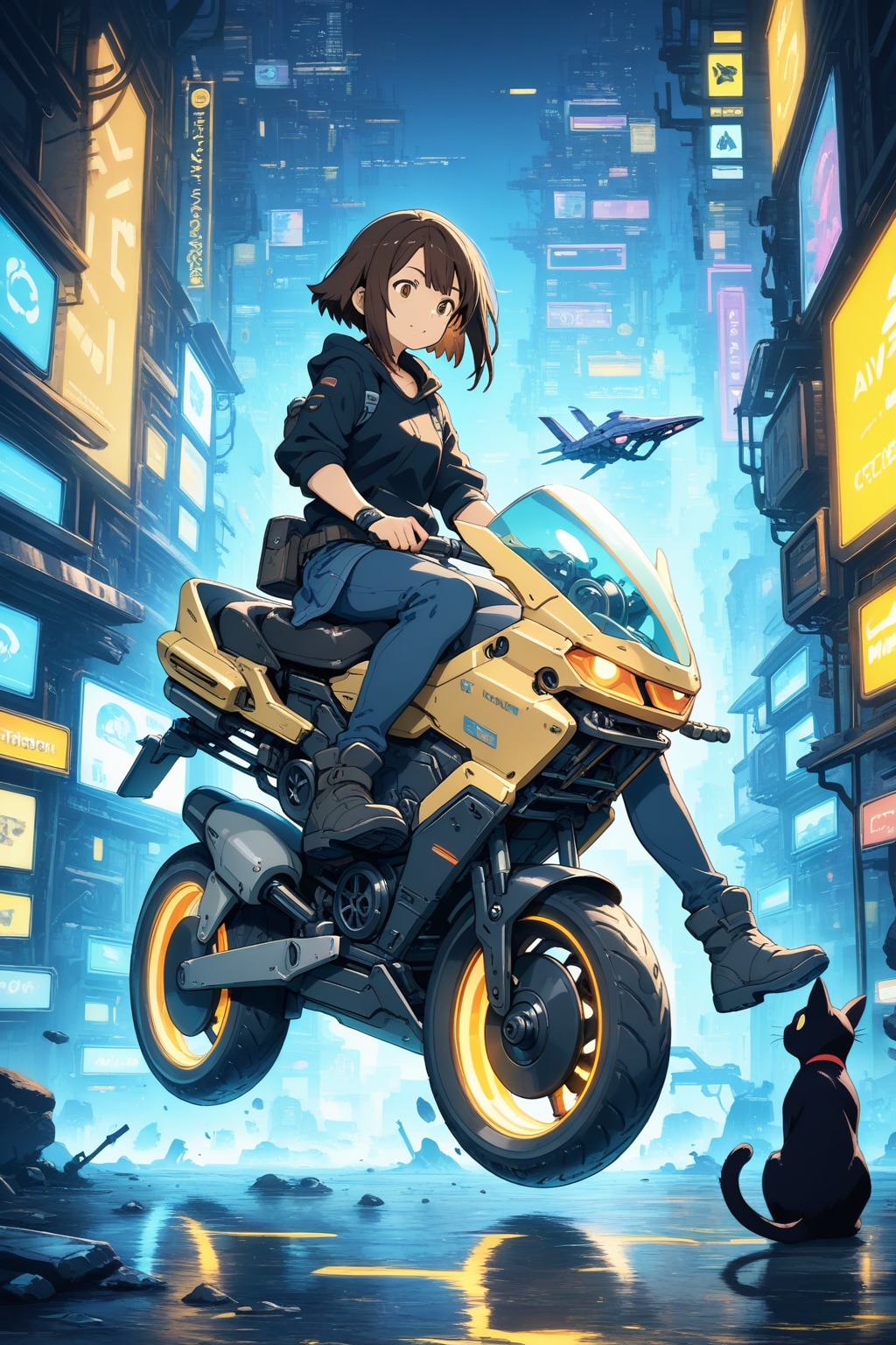 未来的バイクと黒猫