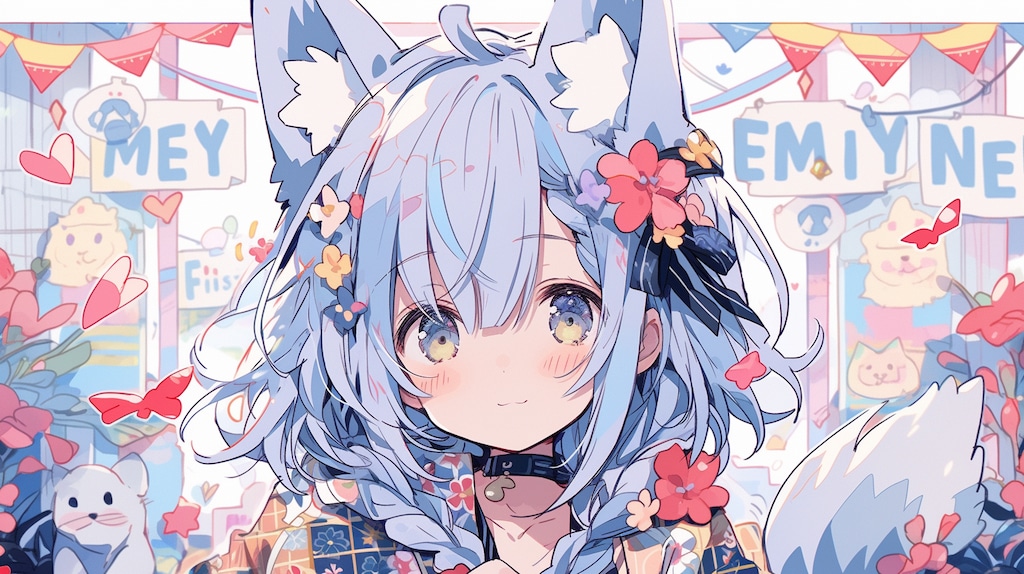 花祭りの青い狐少女の微笑み