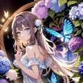 紫陽花と蝶と女の子 2枚目