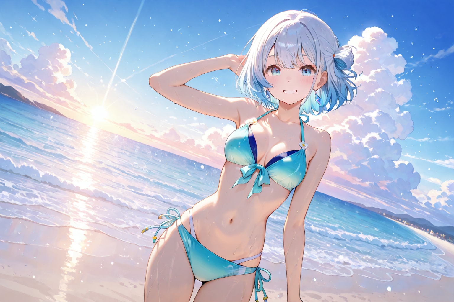 夕暮れの浜辺に立つ少女。