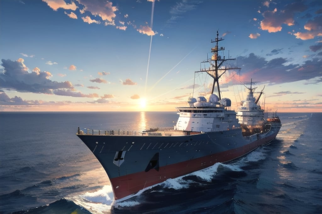 軍艦と夕日