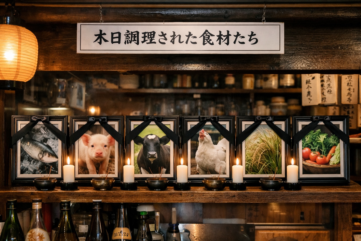注文のたびに食材の遺影が飾られていく居酒屋 | の人気AIイラスト・グラビア