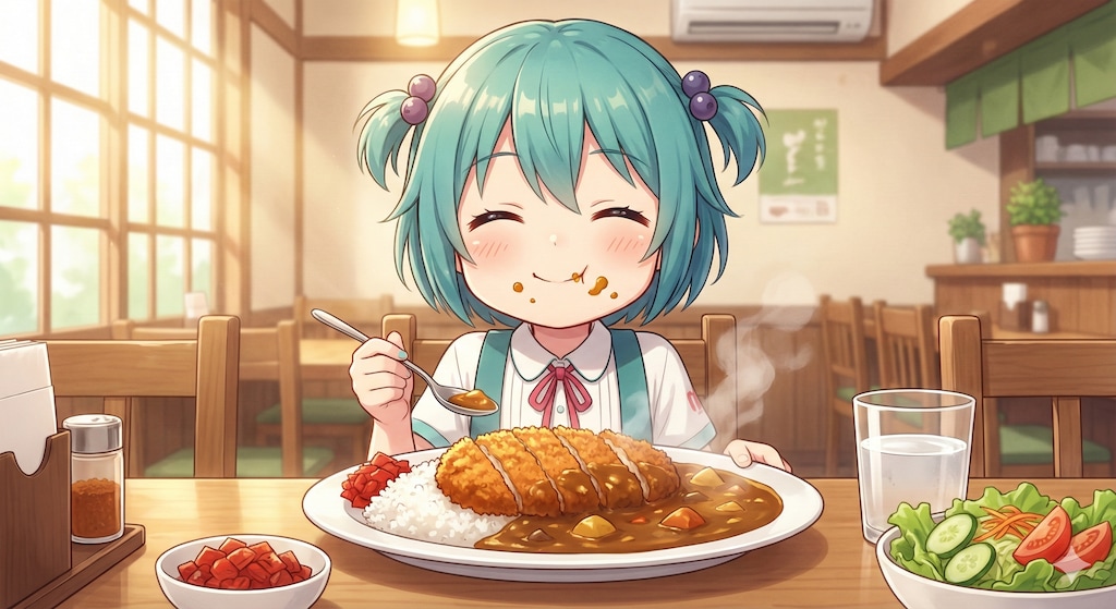 お昼ご飯はカツカレーです(￣∇￣)