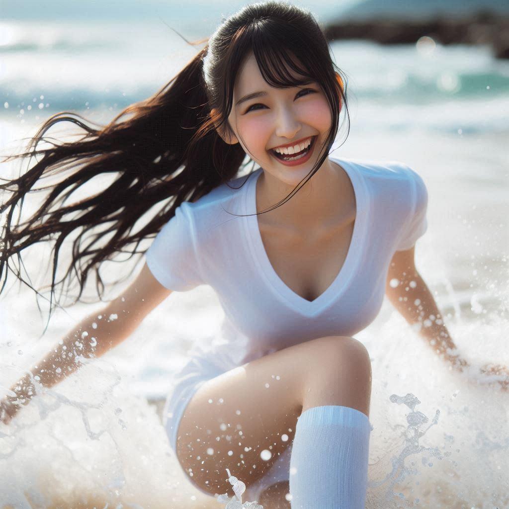 海辺ではしゃぐポニテちゃん