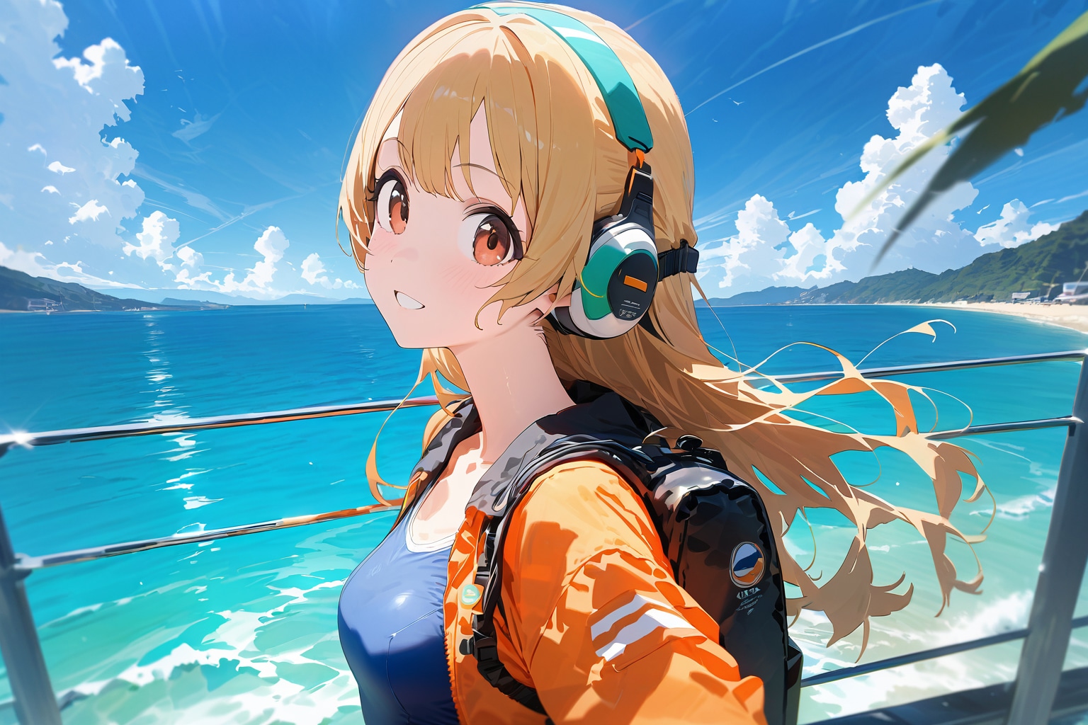 船のデッキで風を感じるスク水少女 | の人気AIイラスト・グラビア