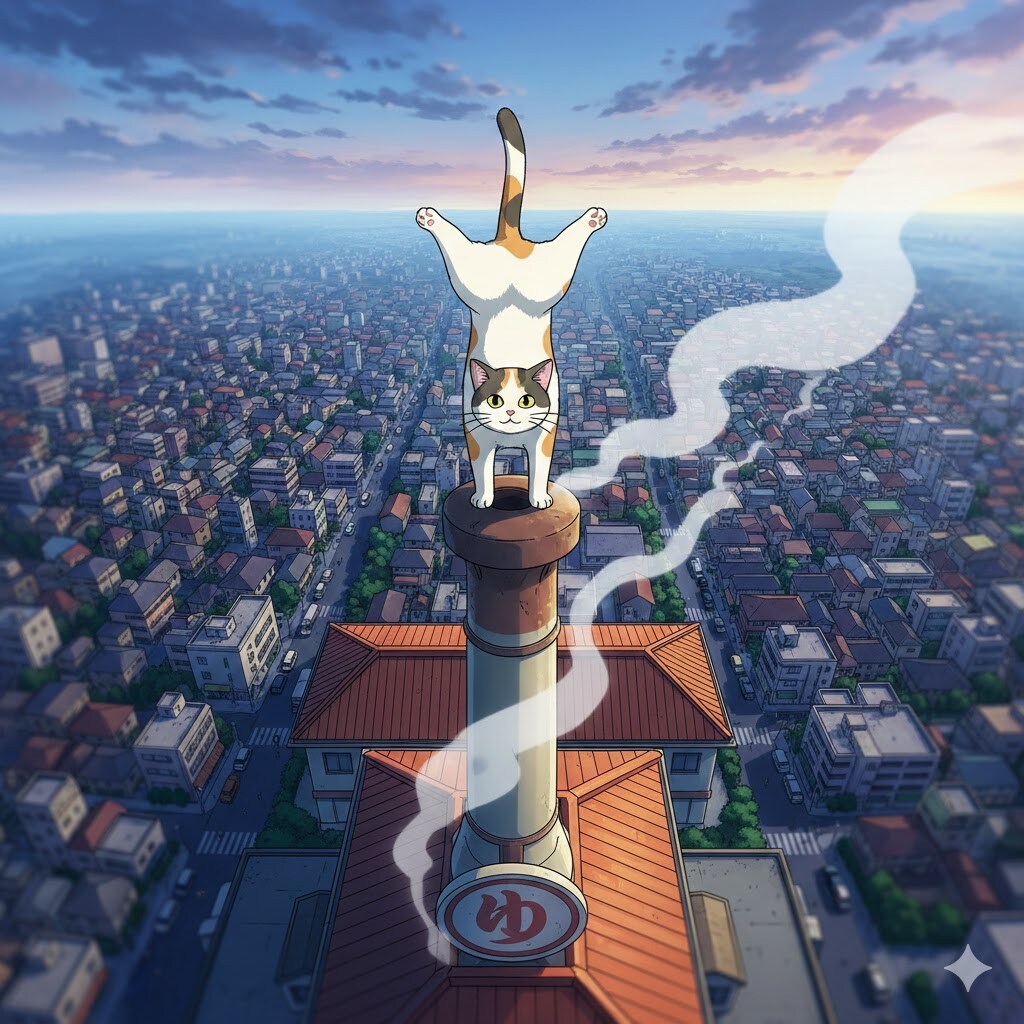 銭湯の煙突の上で猫が逆立ち