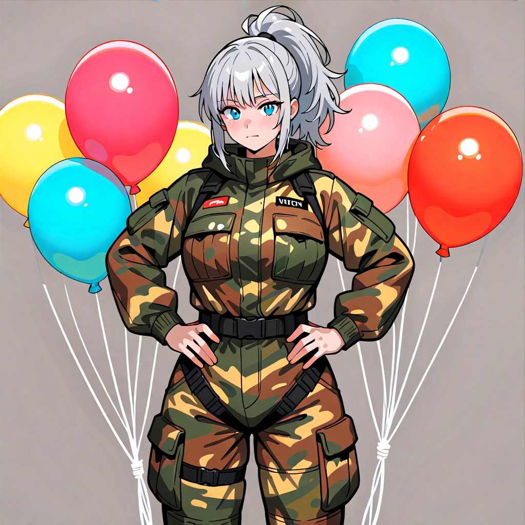 いっぱい色とりどりの風船を持つ銀髪ポニーテールの迷彩服着た美女
