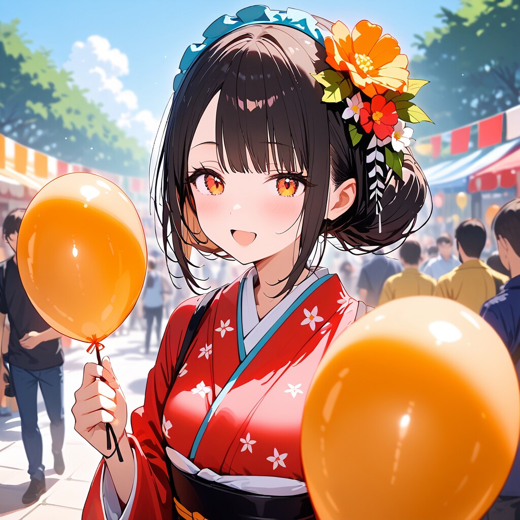 お祭り広場でオレンジの風船を持つ黒髪ロングの着物美女。
