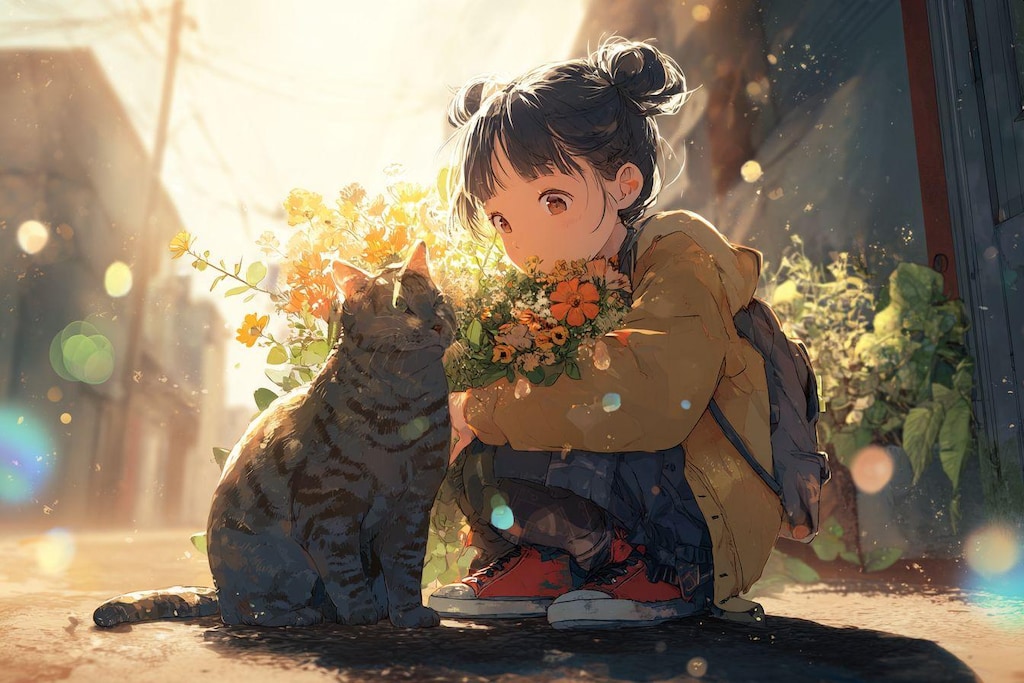猫と花と女の子