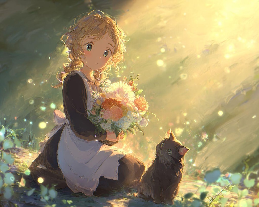 猫と花と女の子