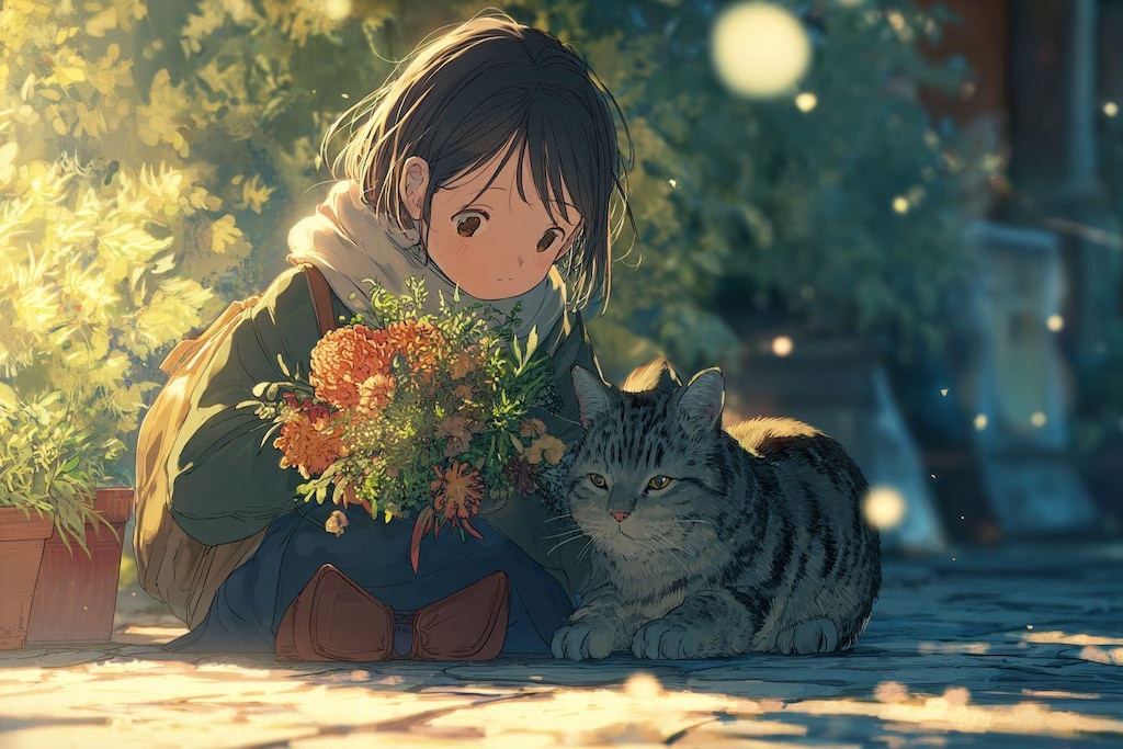 猫と花と女の子