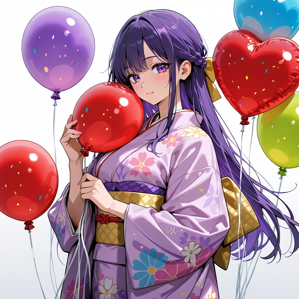 いっぱい色とりどりの風船を持つ紫髪ロングの着物着た美女 | の人気AIイラスト・グラビア