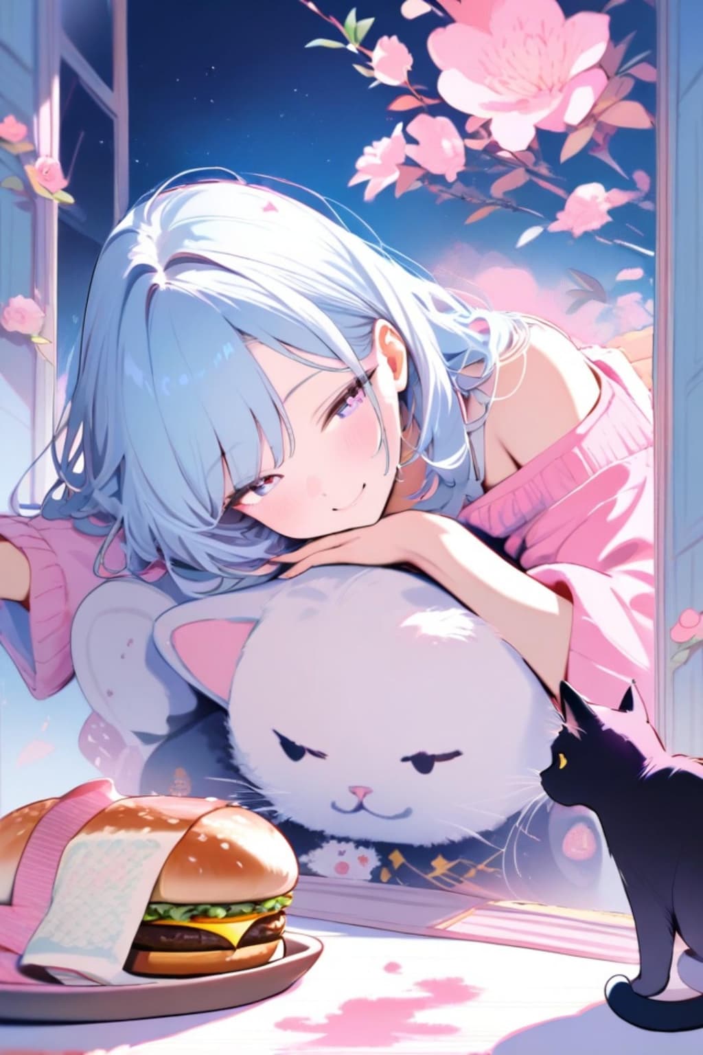 青髪ちゃんと猫とハンバーガー