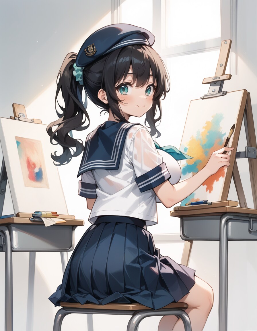水彩画を描くポニテ画伯