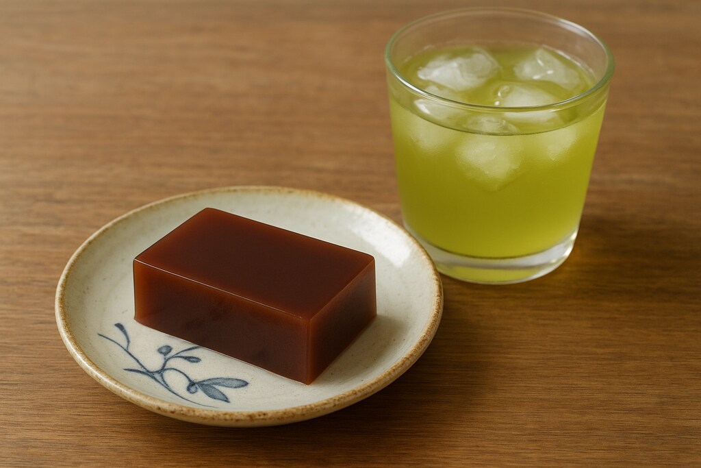 デザートの羊羹と冷たい緑茶のセット