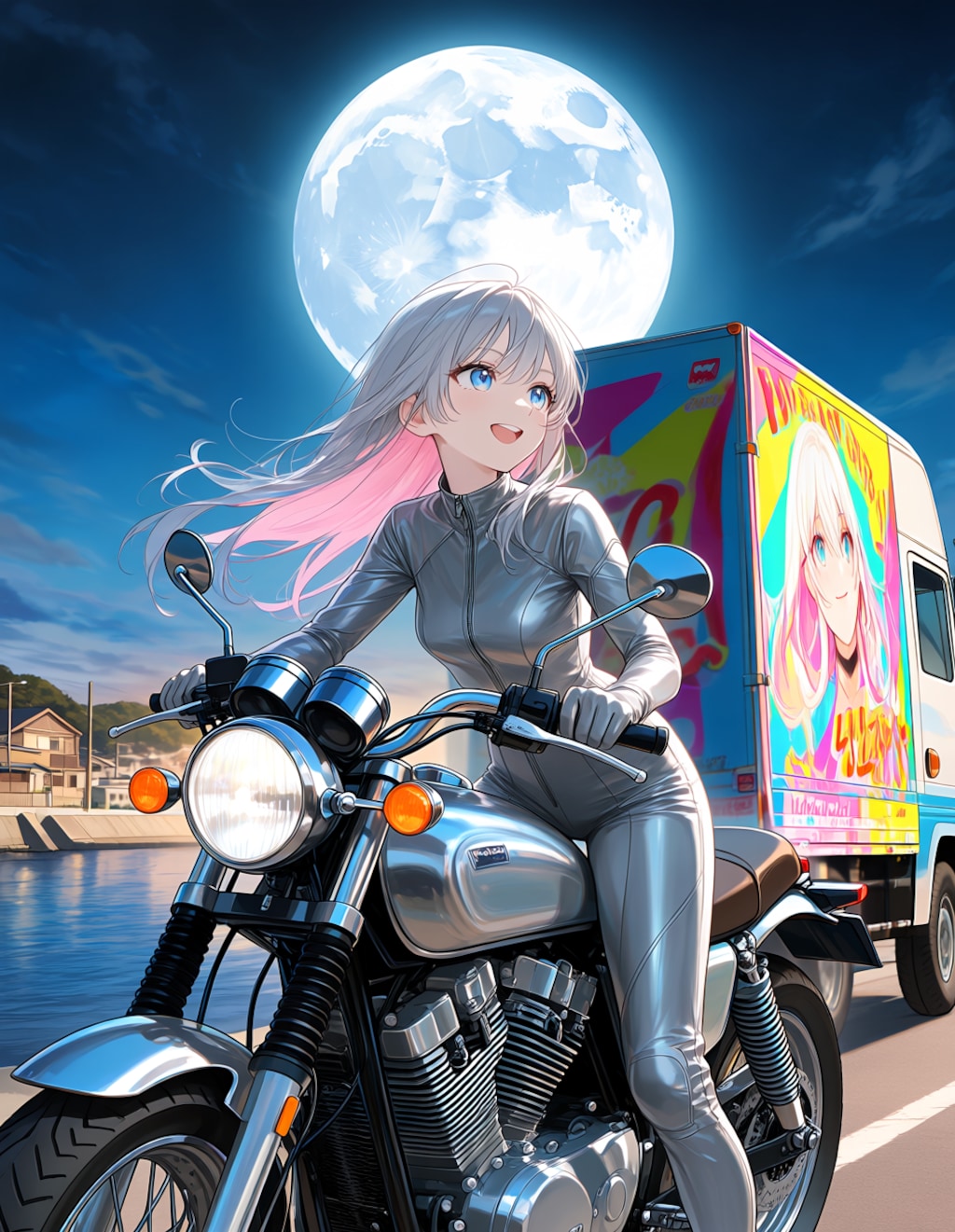 銀色?のライダースーツでバイクを跳ばす鈴木蘭さん